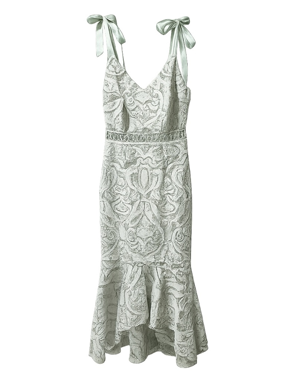 One-Shoulder Tie-Strap Embroidered Midi Dress in Light Sage